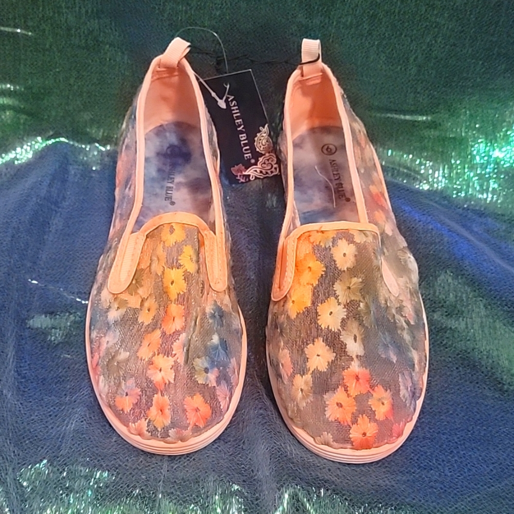 Ashley Blue slip on transparent floral print shoes